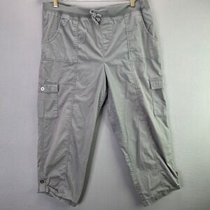 Palm Rio Cargo Capri Pants Size L Gray Elastic Waist Drawstring Utility Cropped
